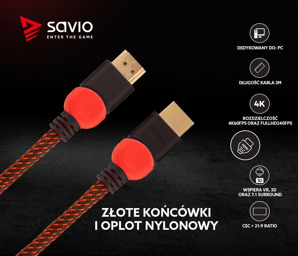 Kabel HDMI 2.0 dedykowany do PC czerwono-czarny 3 m, GCL-04